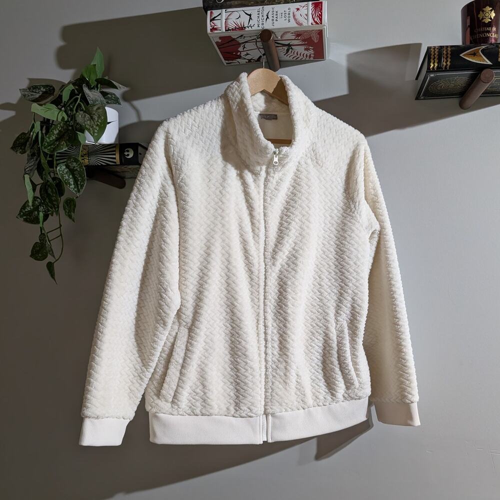 T by Talbots | Ivory Fuzzy Zip Up Jacket | Size L